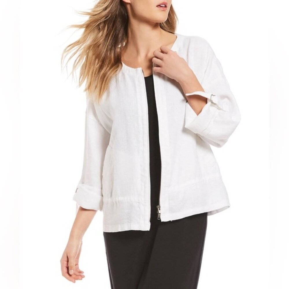 Eileen Fisher Organic Linen full Zip Roll Tab Sleeve Lagenlook Jacket XXS/TTP‎